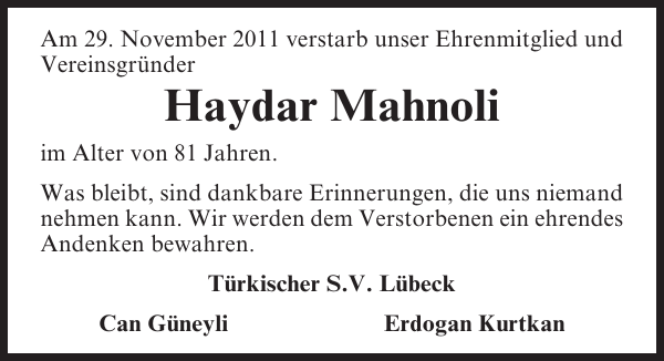 Haydar Mahnoli Traueranzeige