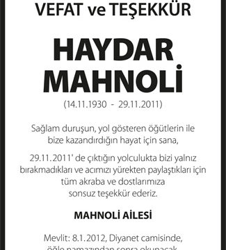 VEFAT ve TEŞEKKÜR HAYDAR MAHNOLİ