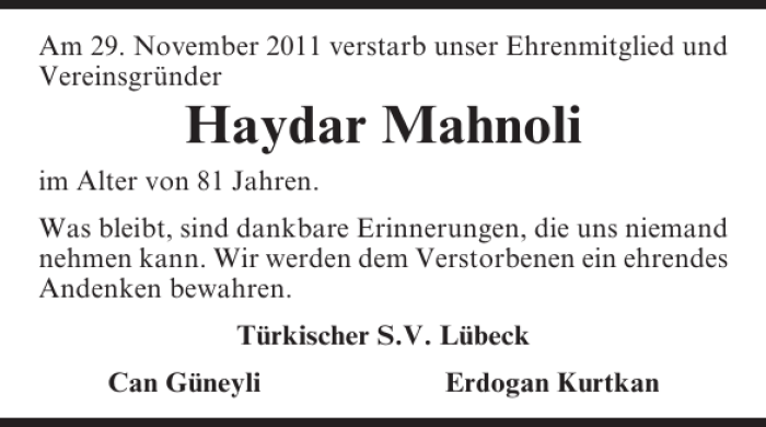 haydar mahnoli traueranzeige - Türkischer SV Lübeck e.V.