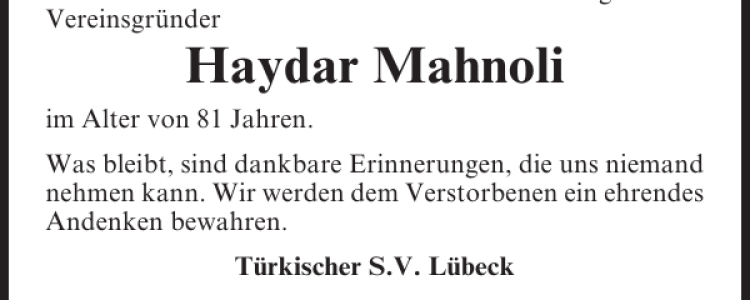 haydar mahnoli traueranzeige - Türkischer SV Lübeck e.V.